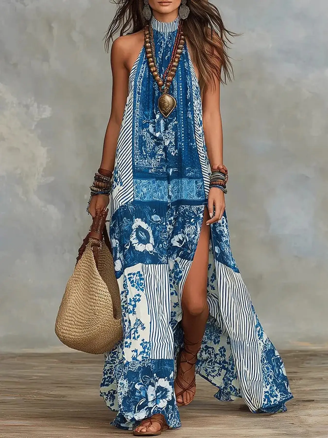 Vintage Print Halter Split Long Dress, Boho Style Sleeveless Loose Vacation Dress, Fashionable Slim-Fitting Plant Pattern Dress