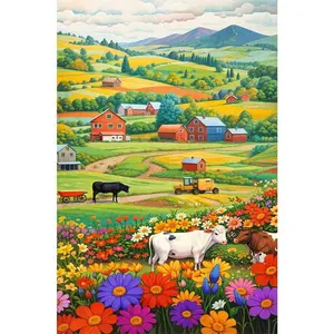 2d flat painting 5D DIY Diamond Painting Kit with Round Diamonds and Tools, Colorful Rural Farm Landscape Design, Perfect for Home Wall Decor, Living Room Decoration, Creative Craft Gift for Adults and Kids