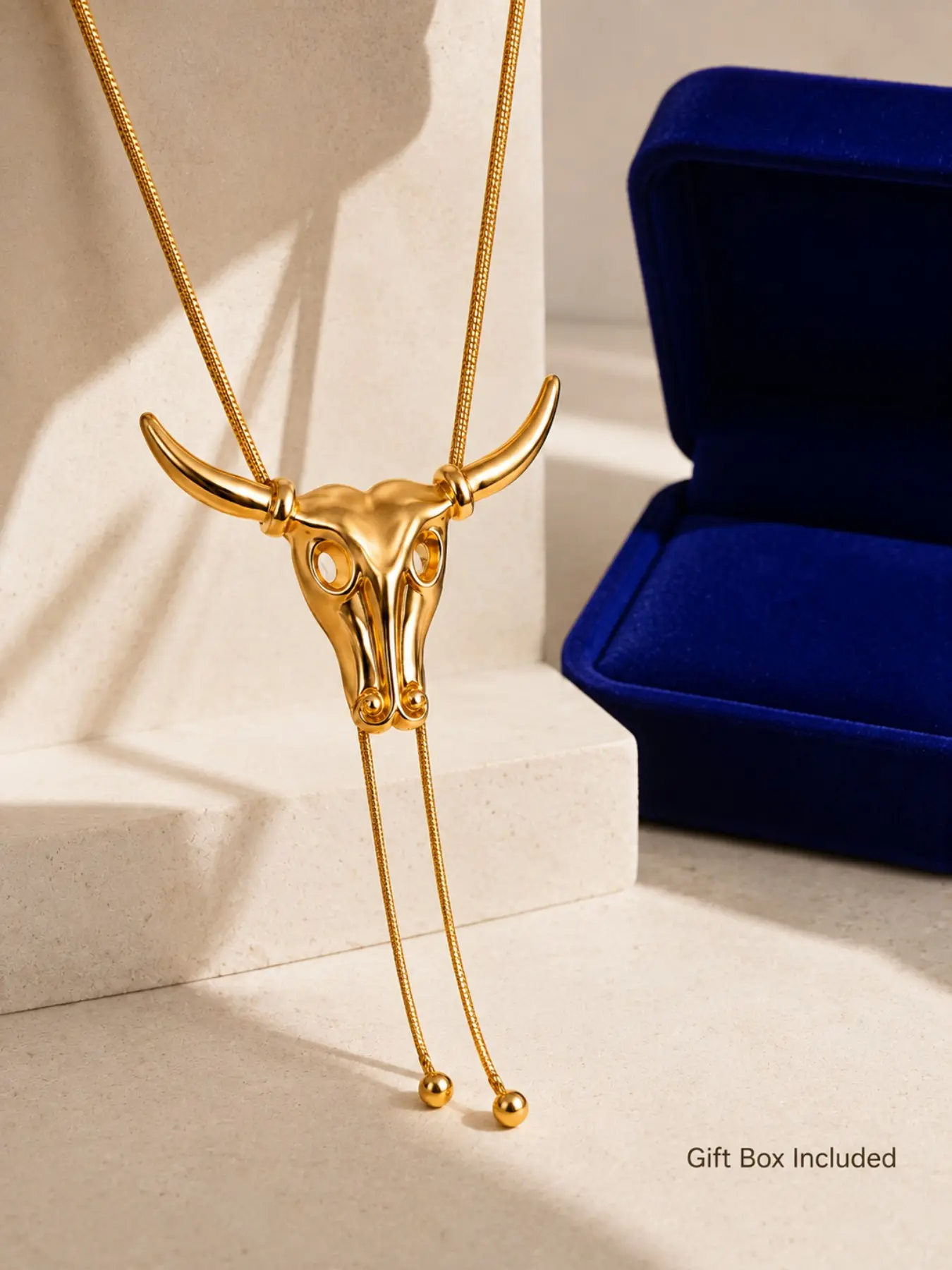 Gift Box Included | Western Cow Skull Lariat Necklace for Women, Gold-Tone Longhorn Bull Head Y Necklace with Double Drop Tassel, Statement Jewelry for Back to School, Wedding Guest, Bridesmaid, Birthday and Holiday Gift for Her