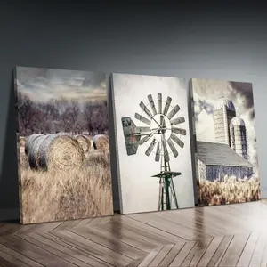 3-piece framed set - Country Farm Triptych Canvas Art Theme Wall Art Framed Painting Clearance Sale, 2D Flat, Suitable for Halloween, Christmas, Winter and Summer, Luxurious Interior Decoration, Suitable for him/her, bedroom, living room, bathroom, home o