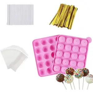20-Cavity Silicone Cake Pop Mold Set With Lollipop Sticks, Treat Bags, Twist Ties - For Cake Pops, Lollipops, Hard Candy, and Chocolate