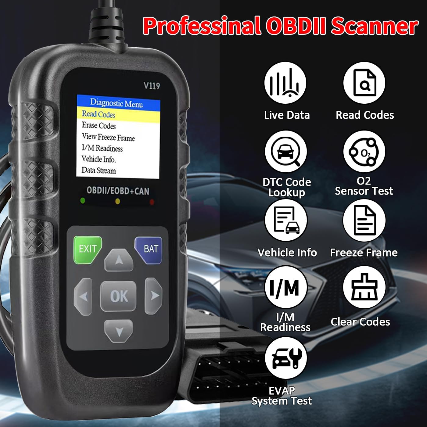 OBD2 Scanner Diagnostic Tool, Code Reader,  Tester, Check Engine Light Fault Code, OBD2/EOBD for OBDII Protocol  &  Since 1996+