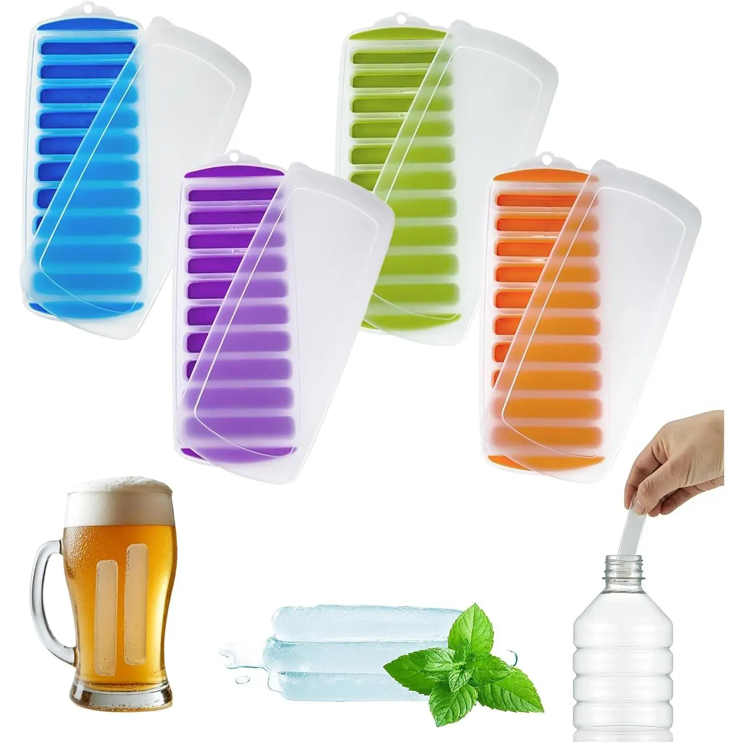 Tray with Lid Set of 4, , Ideal for Water Bottles &  Bottles, Flexible & Stackable Design for Quick Release,  Trays for Freezer(11.81"*4.72"*0.95")