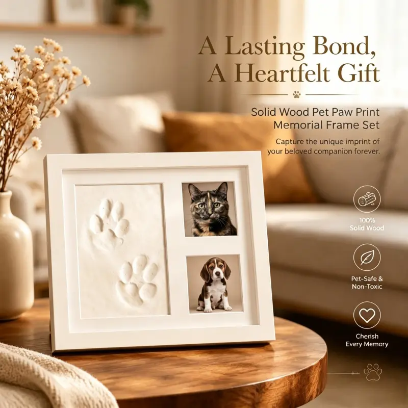 Long Lasting Bond Pet Paw Print Memorial Frame Solid Wood Safe Non-Toxic Imprint Clay Dog Cat Memory Photo Frame Gift Set
