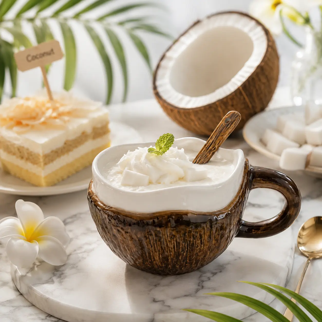 Creative Handmade Coconut Shell Ceramic Coffee Mug – 13cm Creative Color-Block Milk Cup, Premium Niche Cute Tea Mug with Handle & Spoon, Tropical Theme Office Desktop Decor & Housewarming Gift