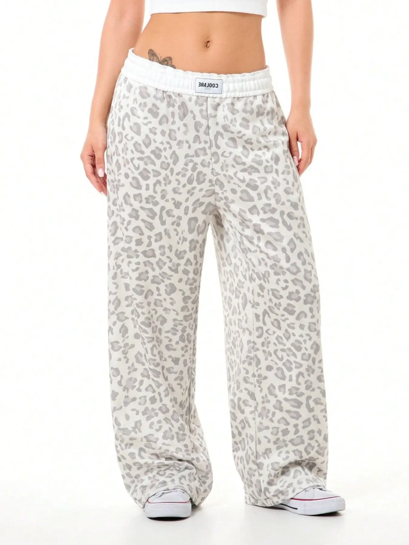 Y2K Leopard Print Wide Leg Sweatpants, Elastic Waist Loose Casual Baggy Trousers Streetwear Pants for Women