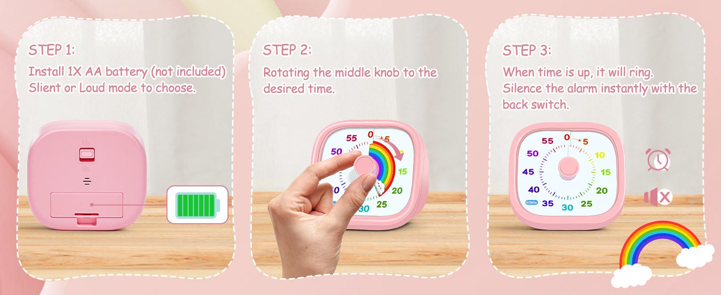 60-Minute Visual Timer for Kids – Rainbow Disk Countdown Clock, Silent Operation Pomodoro Timer for Classroom, Home & Office. Time Management Tool for Toddlers & Students – See Time Passing, Reduce Anxiety, Build Focus! Pink