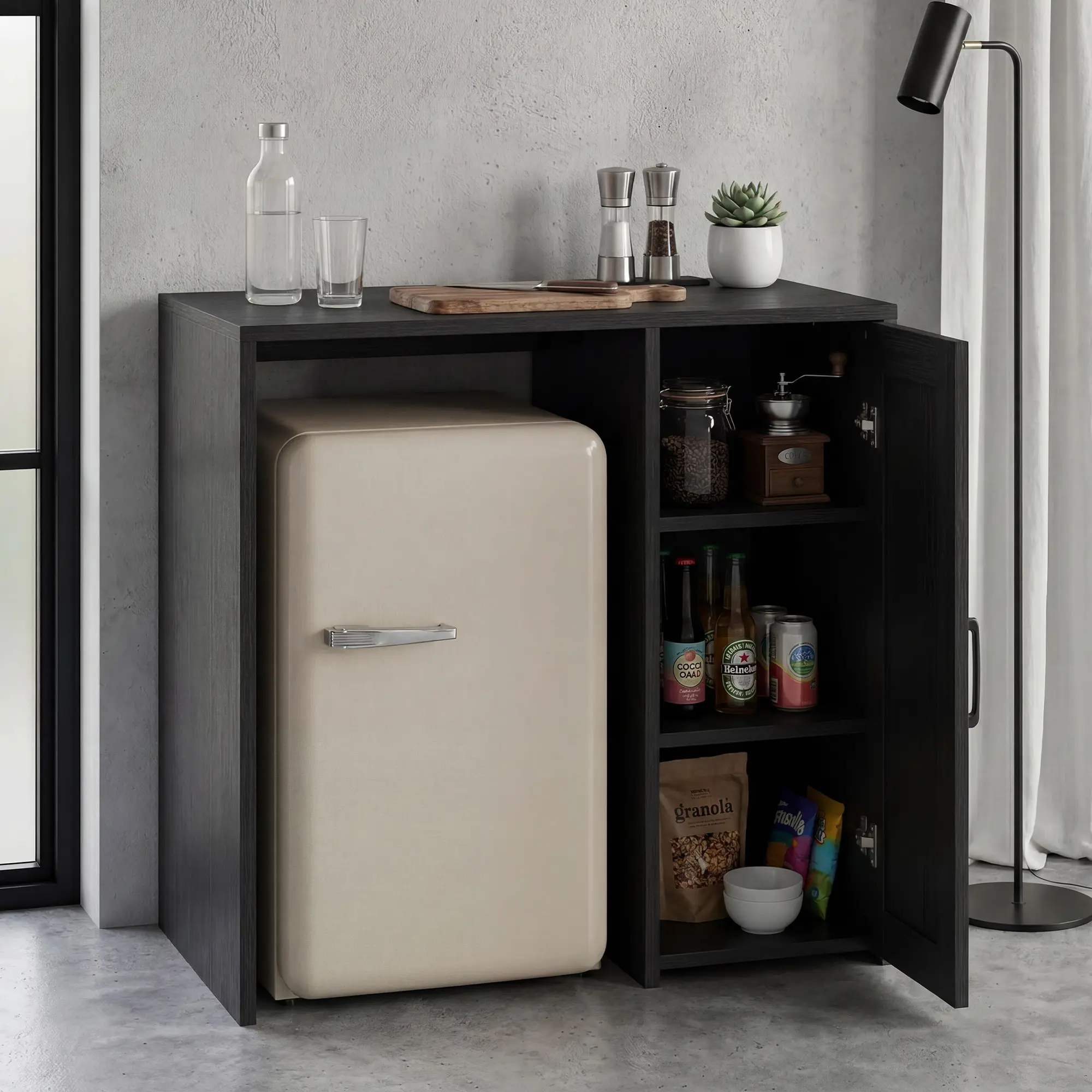 37.4" Wide Mini Fridge Cabinet with Barn Door & Built-in Power Outlet, Coffee Bar Storage Organizer for Kitchen Dorm Office