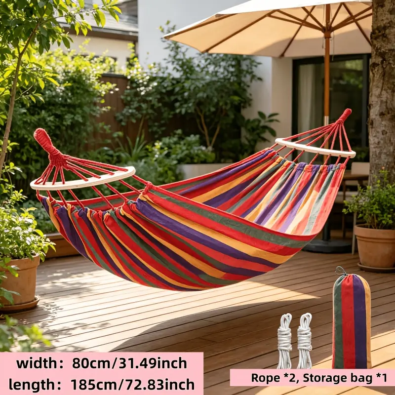 Extra Large Single Outdoor Hammock, Hand-Woven Rope Knots, with Support Rod, Thickened Fabric Arc Anti-Tilt Hanging Hammock, Suitable for Gardens, Patios, Outdoors, Balcony Swing Hammock, Without Battery
