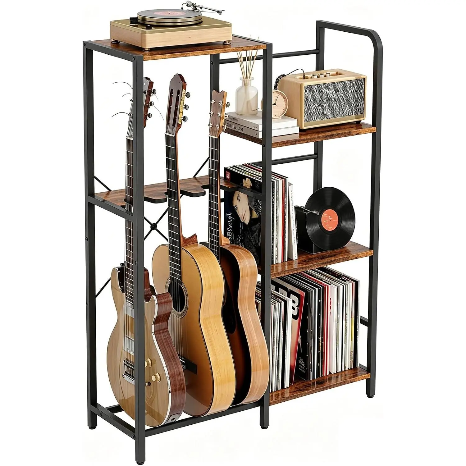 Guitar Rack with Record Player Stand 84" H, 3 Tier Guitar Stand Shelf for Amp Player and Vinyl Record Storage, Multiple Guitar Holder for for 3 Guitars   Studio