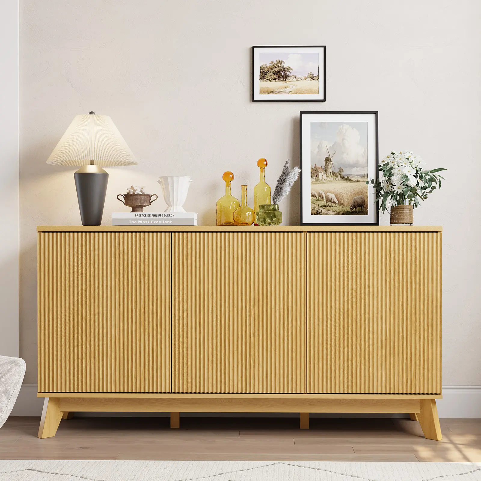 Modern Farmhouse Fluted Sideboard Buffet Cabinet Only, 58 Inch Wooden Credenza with 3 Doors and Adjustable Shelves, Storage Console for Dining Room, Kitchen, Living Room and Coffee Bar, Oak Finish