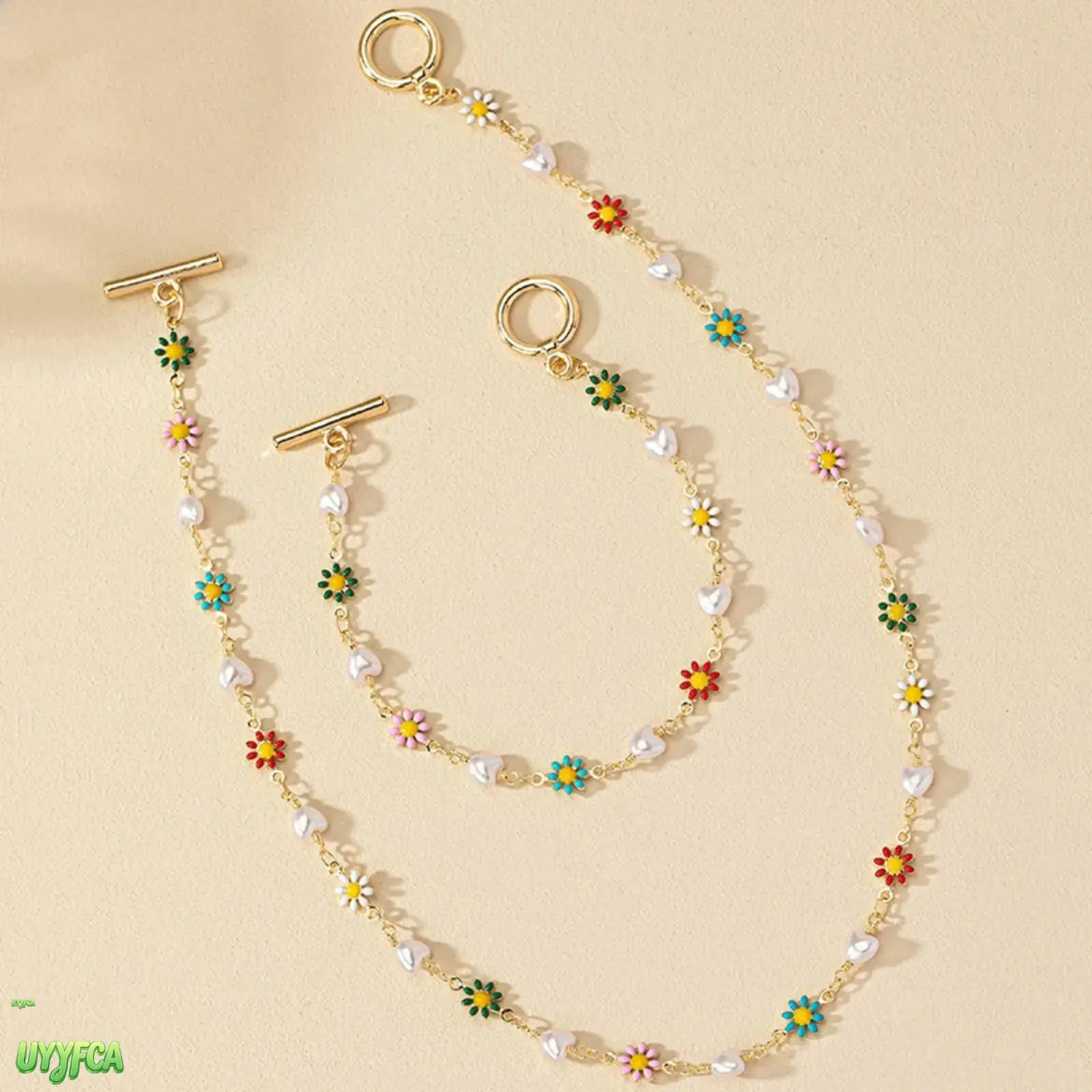 Women's Enamel & Pearl Jewelry Set - Korean Cute Multicolor Daisy Baroque Design, Toggle Clasp Chain Necklace & Bracelet, Lightweight Dainty Fit, All Seasons Layerable Accessory, Set Includes 2, Sports & Outdoor Outfit Decor Daily Commute Gift