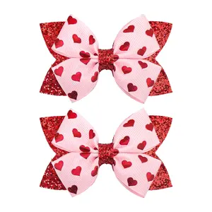 3’’ 2Pcs Valentines Day Hair Bow Clips  Girls Pink Bows Hearts Hair Accessories  Women Glitter Hairpin Red Hair Clip