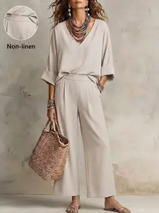 Women's Two-Piece Set, Deep V-Neck Rolled Sleeve Loose Top + High-Waisted Wide Leg Pants, Casual Chic Spring & Fall, Plain Design