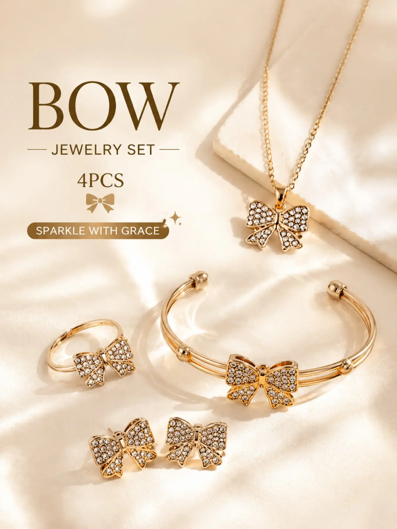 Bow Jewelry Set for Women 5PCS, Gold Plated CZ Crystal Bow Necklace Earrings Bracelet Ring Set, Sparkling Rhinestone Dainty Feminine Jewelry Collection, Elegant Cute Gift for Wife Girlfriend Birthday Valentine's Day
