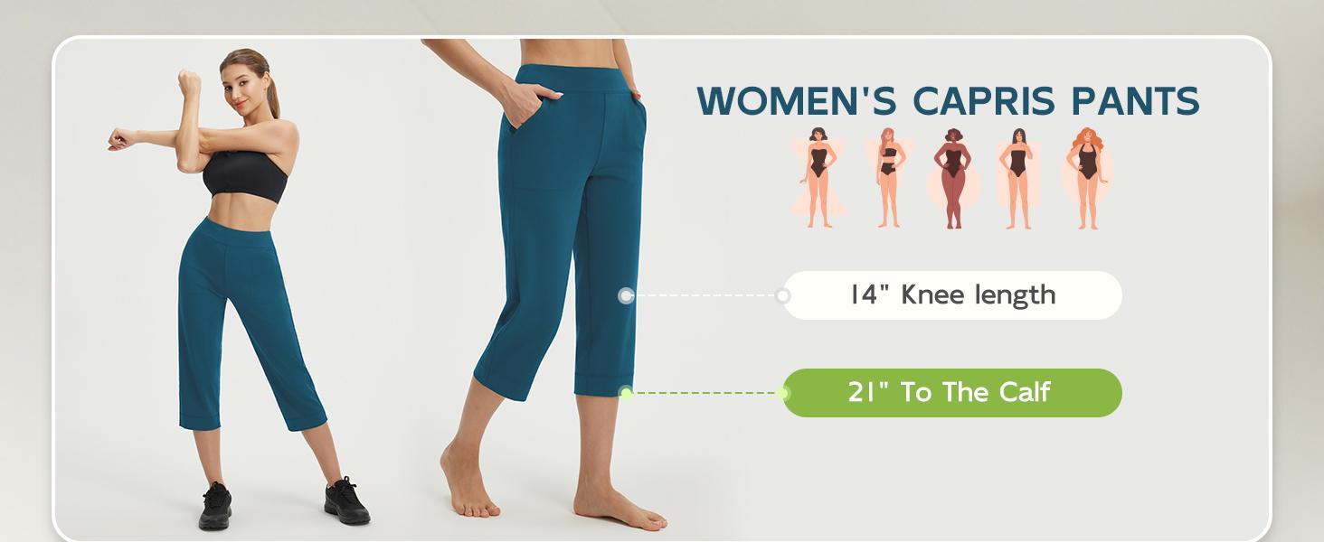 baleaf Womens Capri Pants High Waisted Straight Leg Yoga Capris Leggings with Pockets Crop Workout 21" Summer Pants