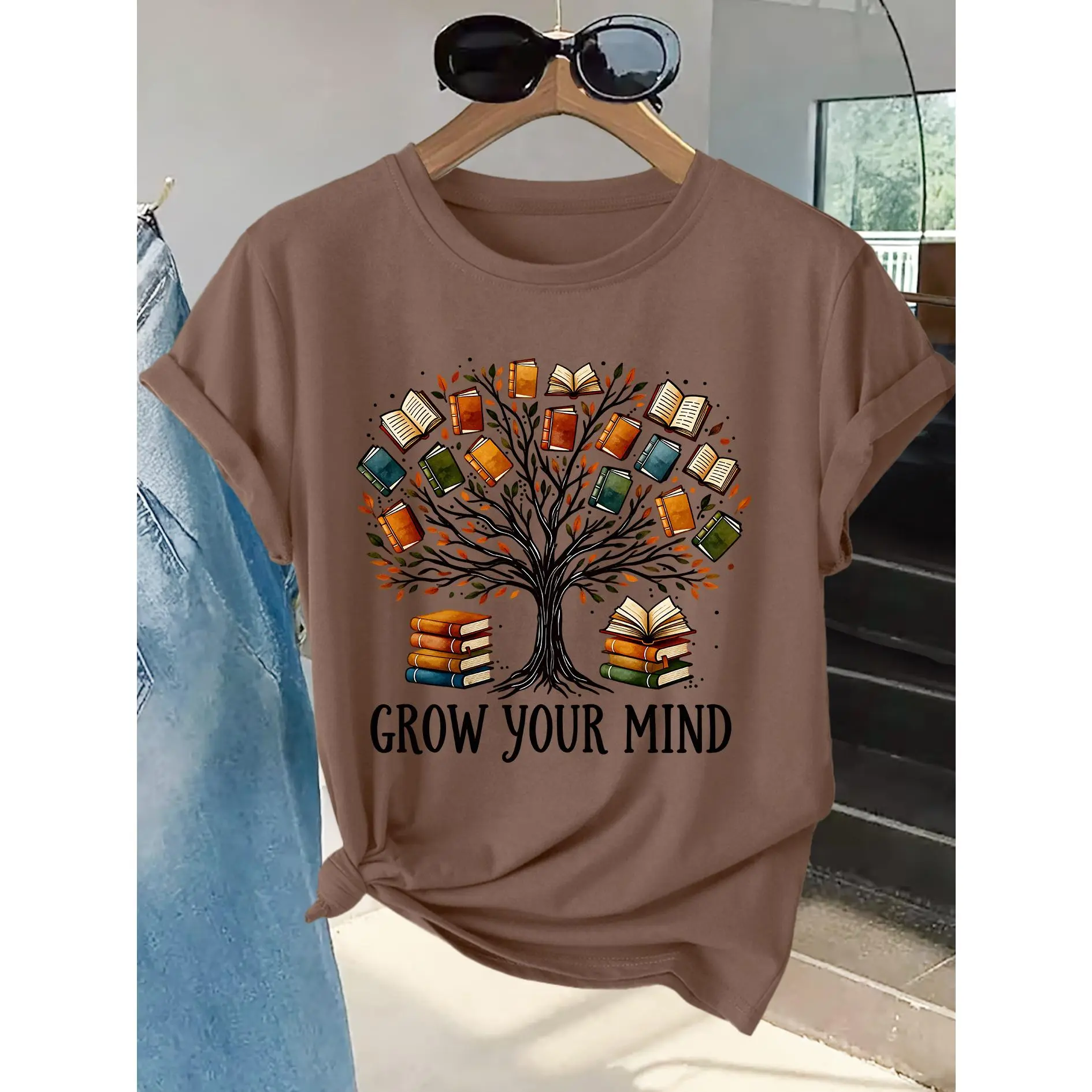 Women's Plus Size Book-Themed Crew Neck Soft Cotton T-Shirt Blouse - Short-Sleeve, Breathable, Slogan All Over Print Top for Reading, Casual Wear - Machine Washable, Multi-Size Options for Spring Summer Sports & Outdoor Use, Shortsleeve, Round Neck