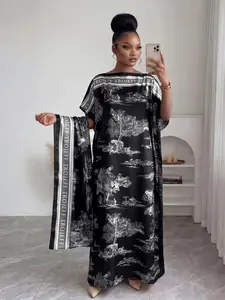 Women's Fashion Elegant Plant Print Robe Set, Long Dress + Headscarf, Beach Sun Protection, Satin Scarf, Casual Summer