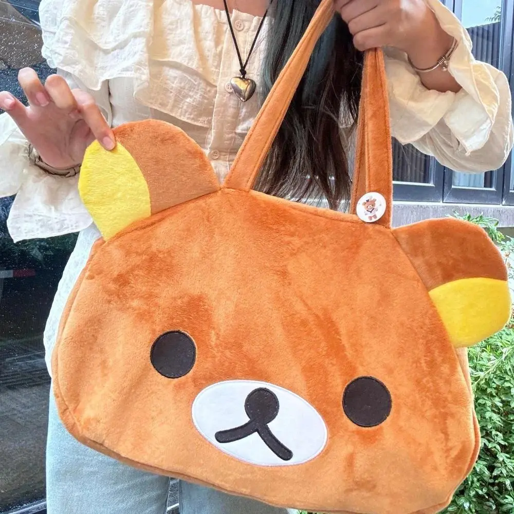 Kawaii Rilakkuma Plush Tote Bag Cute Brown White Bear Cartoon Handbag Soft Casual Shoulder Bag For Women Girl Large Capacity