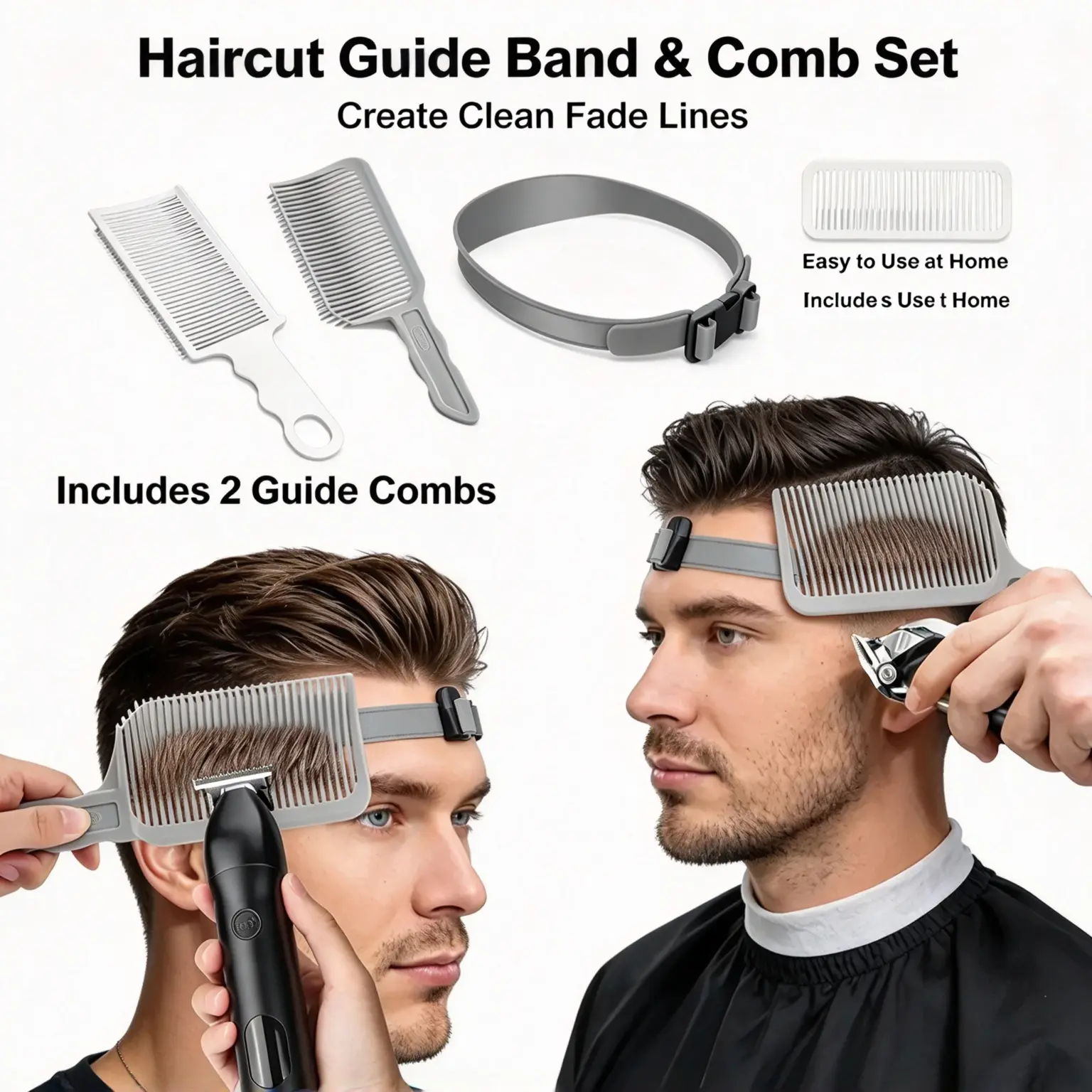 Humwam Unscented 4-Piece Haircare Self Haircut Trim Kit for Ages 4 & Above, Heatless Cut Tools with Adjustable Silicone Guide Band, Finisher Comb, Precision DIY Home Barber Equipment