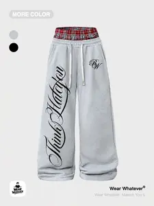 Wear Whatever Unisex Graphic Leisure Sweatpants, Oversized Wide Leg Drawstring Pants with Plaid Waist Detail, Casual Lounge Streetwear Pants for Men and Women