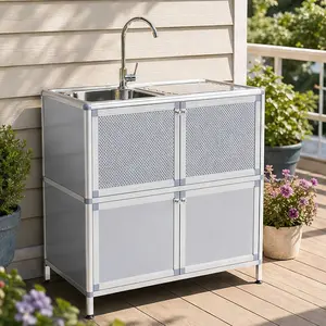 ARCH Freestanding Utility Sink with Cabinet, Stainless Steel Laundry Room Sink, Outdoor Sink Station, 32.68" D x 16.93" W x 33.27" H, Silver Aluminum Alloy Frame, Perforated Mesh Doors, 2-Tier Storage, for Garage, Patio, Workshop, Commercial Use