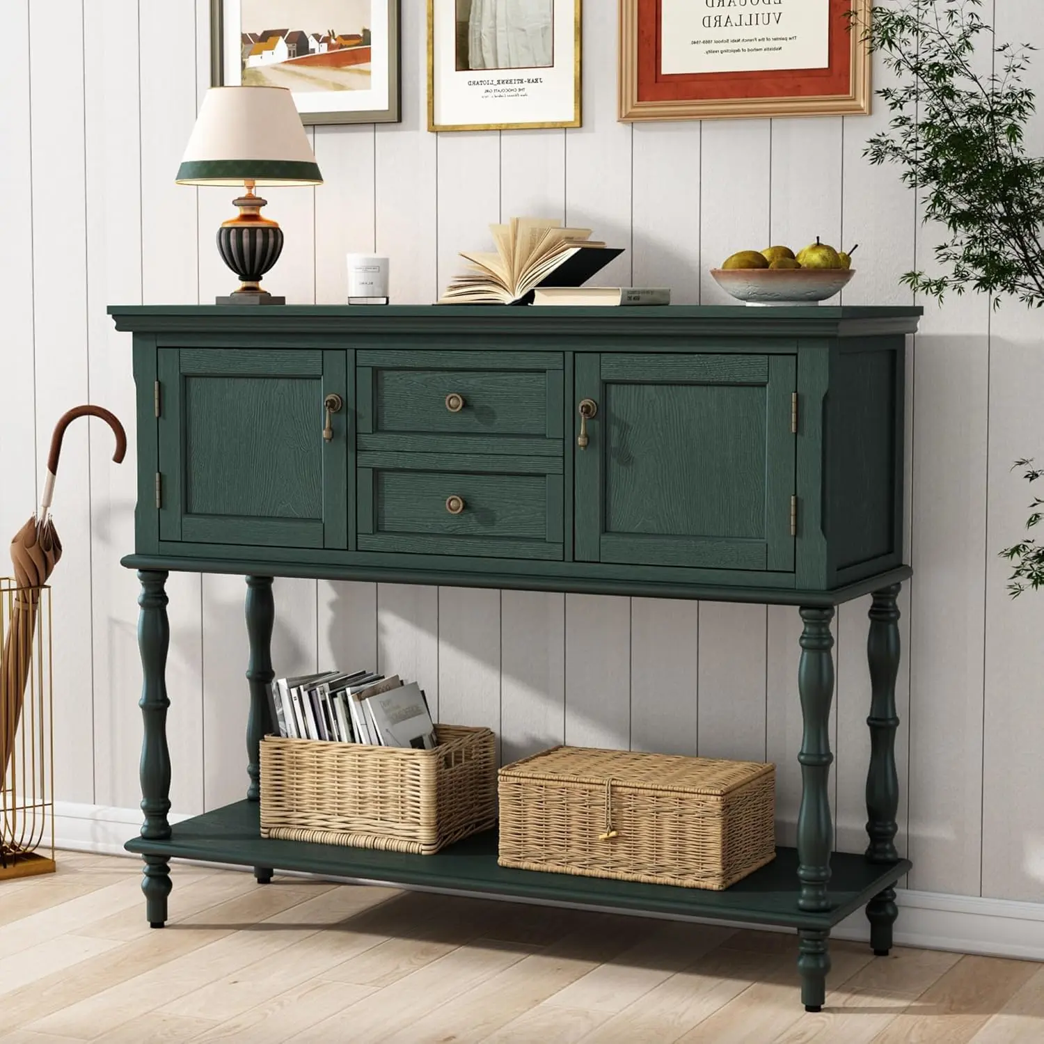 Green Retro Console Table – 2 Drawers & Cabinets, Open Shelf – Narrow Sofa Table for Living Room, Entryway, Foyer