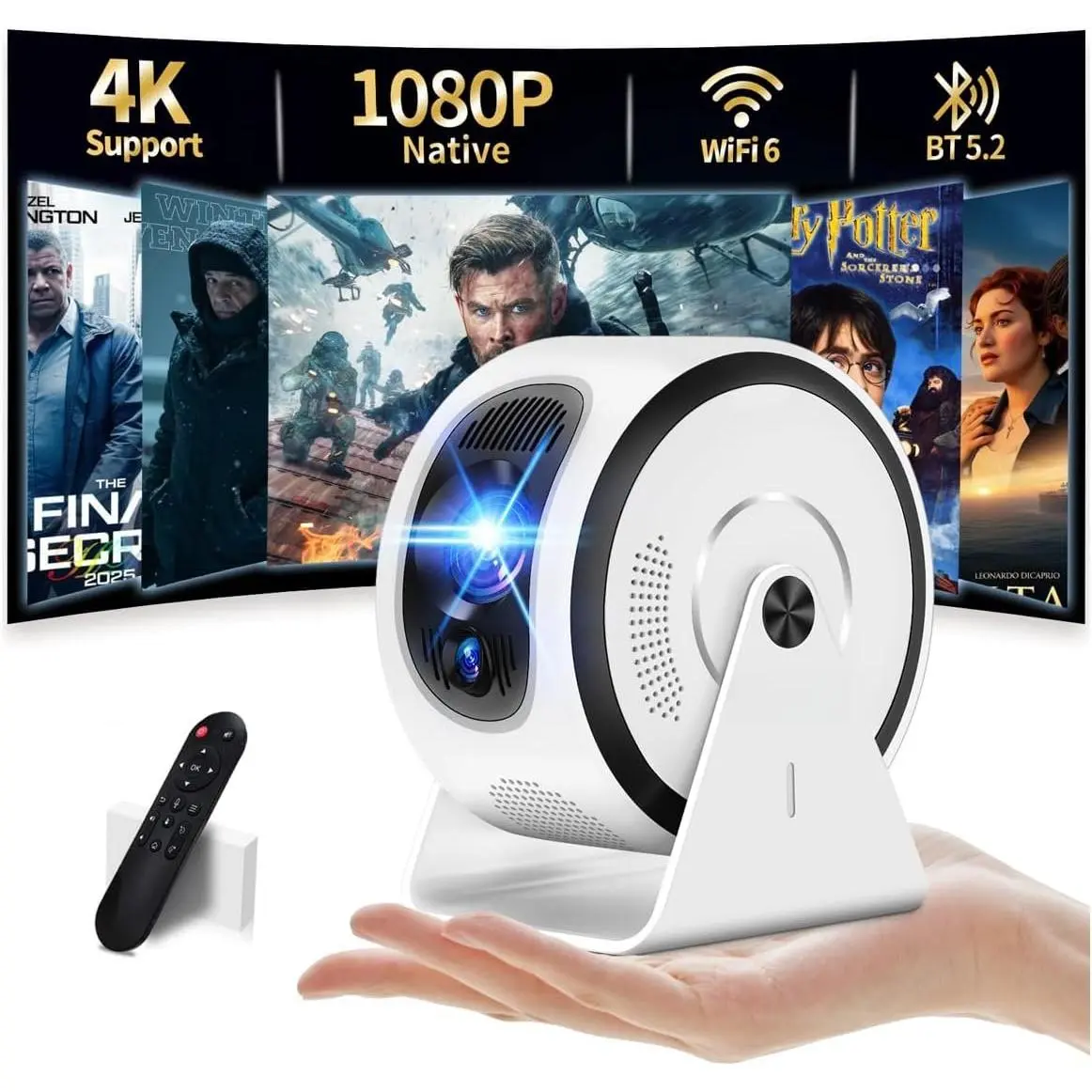 Mini Projecteur Supporte 4K 1080P with WiFi & BT, 360° Rotatable Projector