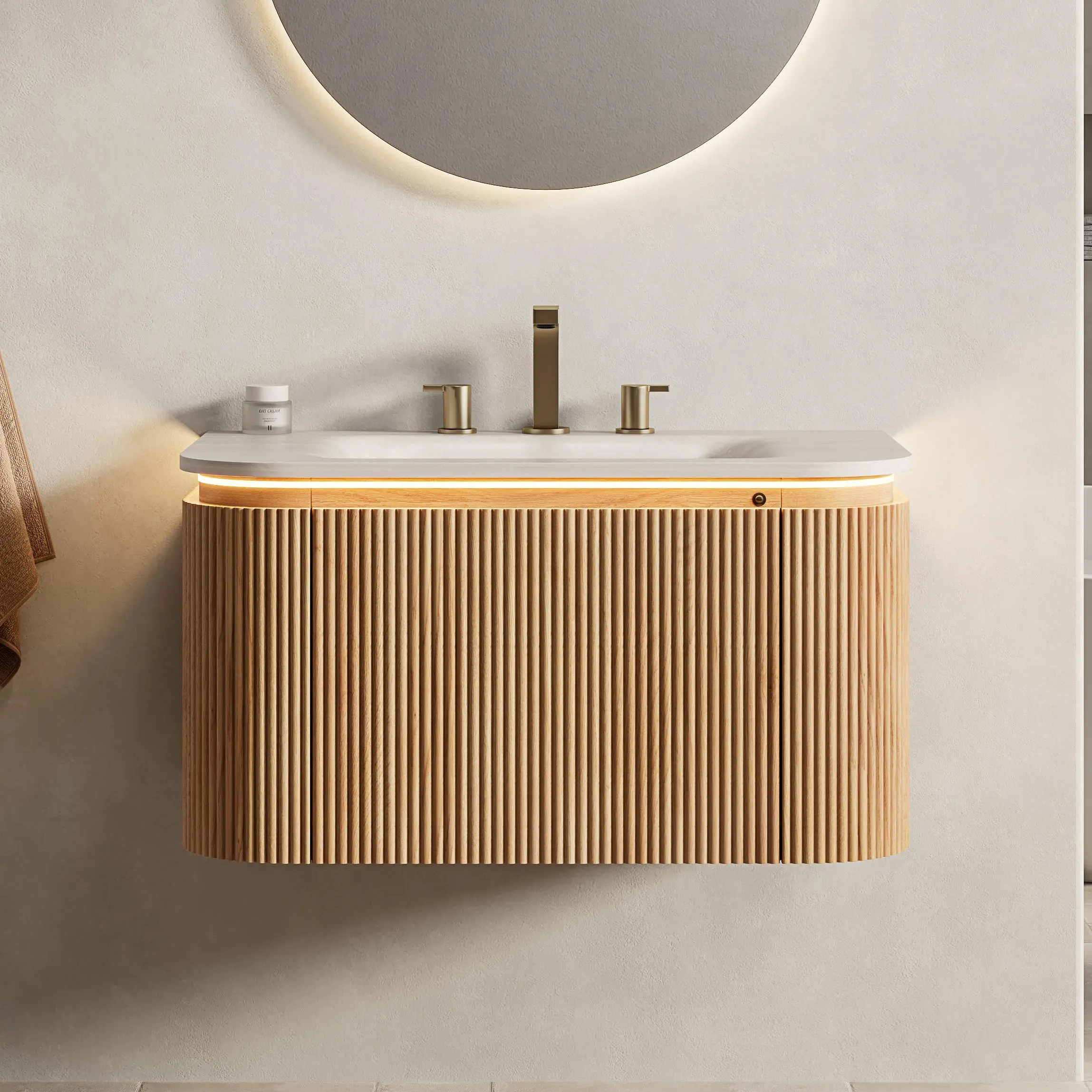 Nokaa 30 Inch Bathroom Vanity with Sink, Floating Curved Edges Striped Cabinet with Drawer, Sensor Light, Travertine Pattern Sintered Stone Hot-Bent Integrated Basin, Pre-Assembled, Natural Woodgrain Color, Wall Mounted, Bathroom Furniture
