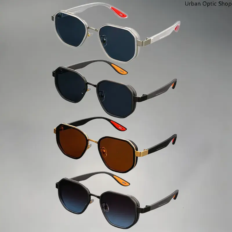 XUH 4-Pack Unisex Vintage Hexagon Double Rim Sunglasses, Slim Metal Trim Flexible Lightweight TR90 Frames, UV400 Anti-Glare Dark, Amber Driving & Gradient Blue Shaded Lenses, Comfort Non-Slip Temple Tips, Trendy Outdoor Sport Eyewear for Driving, Lakeside