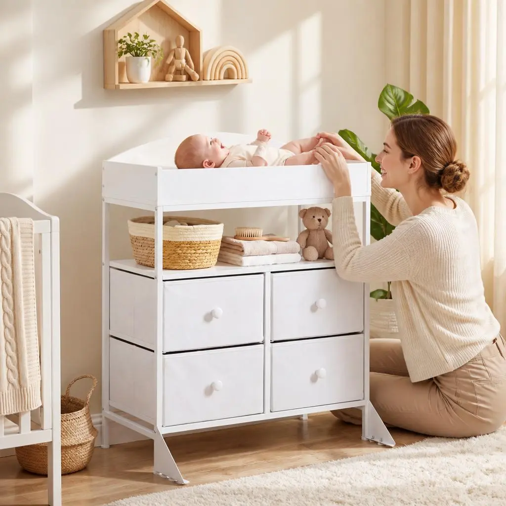 Nursery Baby Changing Table Dresser with Removable Changing Top - 6 Fabric Storage Bins - Space-Saving Diaper Station - Modern Design - Easy to Clean
