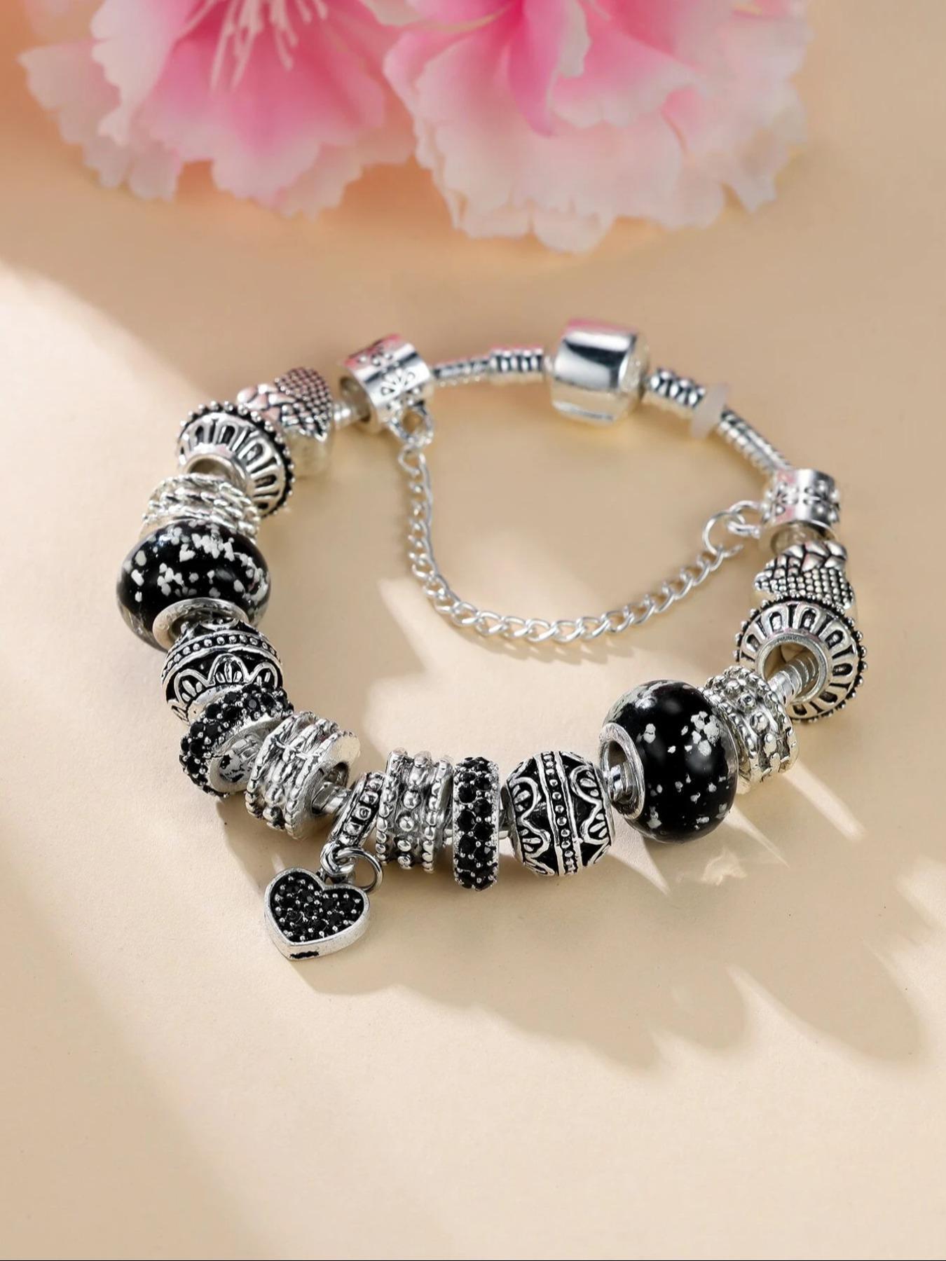 Rhinestone Decorated Heart  Beads Charm Bracelet, Fashion Diy Bangles/bracelets for Girls/women for Daily Decoration, Heart Shaped Bracelet, Diy Forever Bracelets