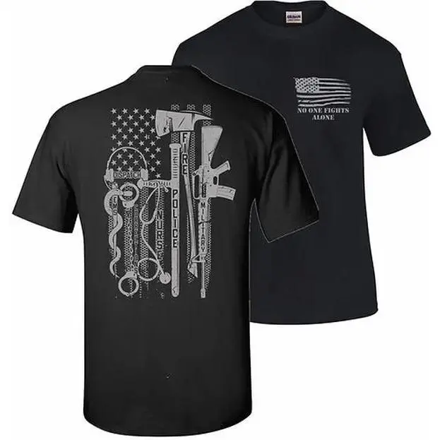 No One Fights Alone T-Shirt, Support First Responders Graphic Design, USA Flag & Tactical Tools Graphic Tee, For Police, Firefighters & Military Heroes, Patriotic Gift for Everyday Heroes