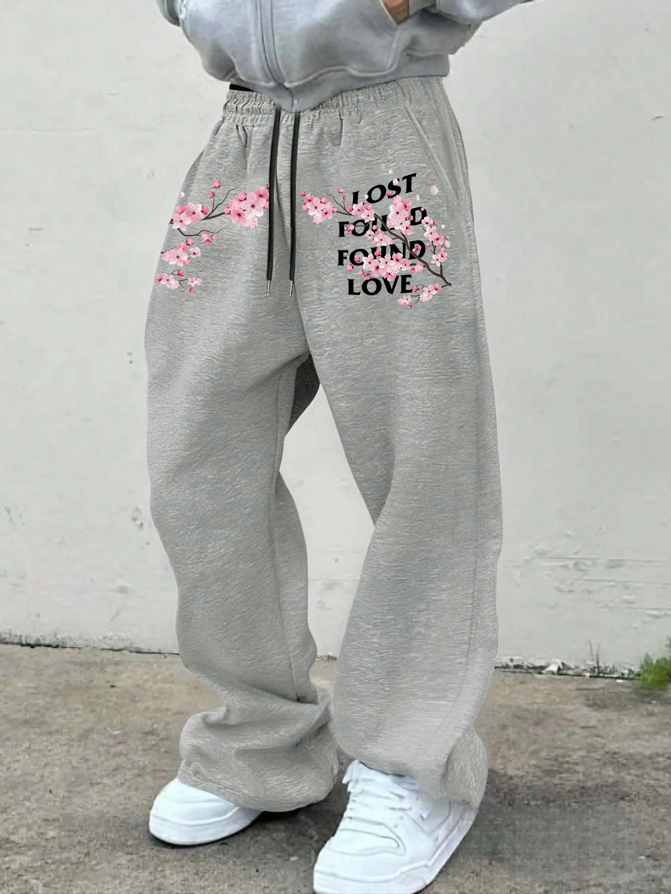 Elastic Drawstring Wide Leg Jogger Sweatpants, Cherry Blossom Branch & Lost Found Love Letter Slogan Graphic Print Loose Breathable Japanese Harajuku Streetwear Daily Casual Straight Leg Bottoms #CherryBlossomPants #HarajukuStreetwear #WideLegJoggers