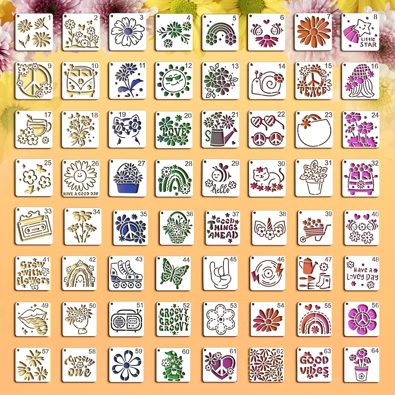 64 count Small Stencils for Crafts,  3 Inch Stencils, Including Flower  & Butterfly Patterns, DIY Craft   Templates for Painting  , Fabric, Wall, Rock &  Decor