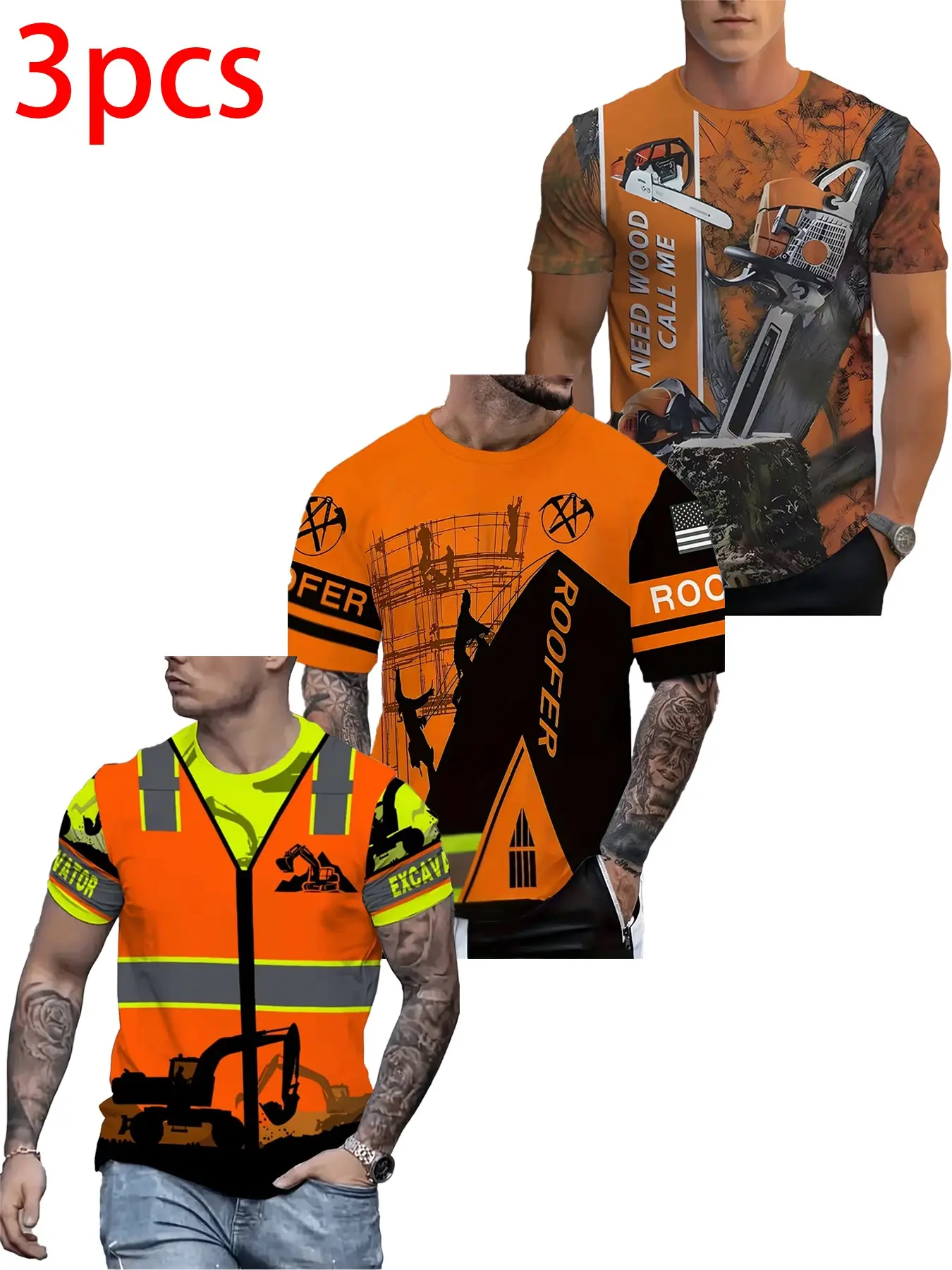 Three-Piece Construction Worker Print T-Shirts, Excavator Logging Roof Worker Casual Short Sleeves, Daily Fashion Long Slim-Fit Tee