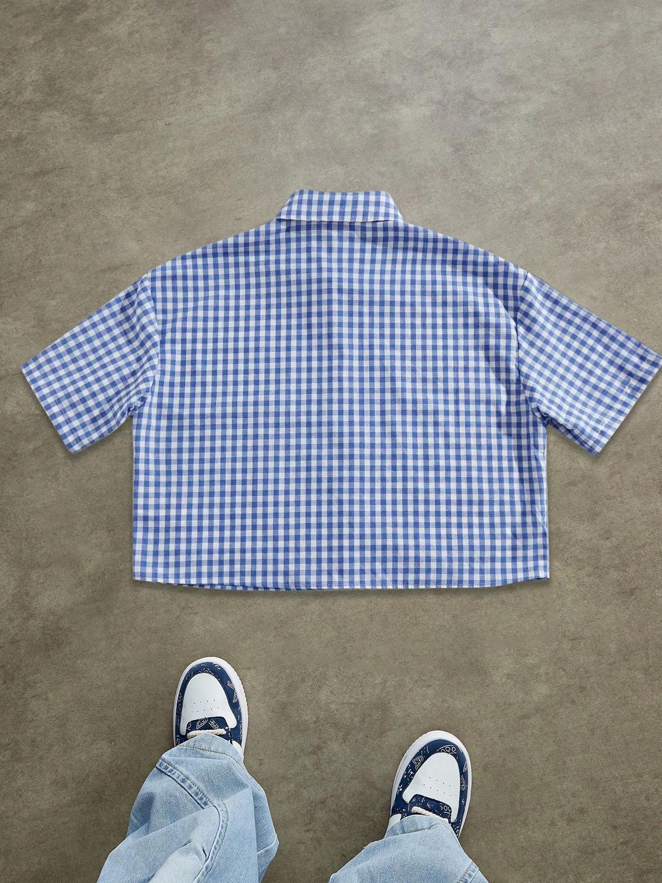 Men's Letter & Graphic Print Regular Fitted Short Sleeve Shirt, Casual Retro Gingham Plaid Shirt for Daily Wear, Fashion Men's Top for Summer