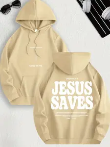 Jesus Saves Hoodie, Casual Loose Fit, Cross and Good News Print, Jesus Saves Letter Back, Drawstring Hood, Pocket Design, Winter Wear