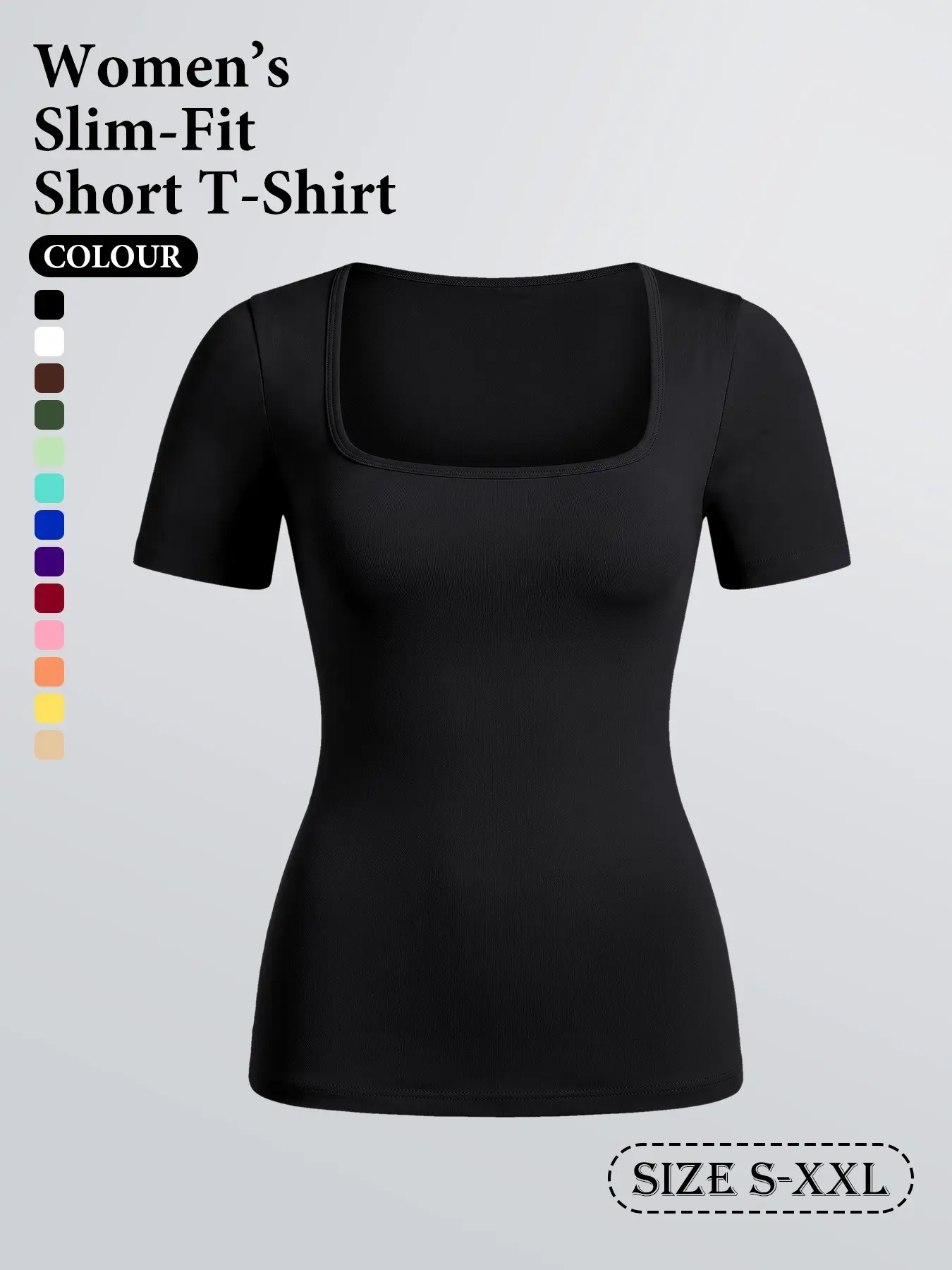 Women's Tight Fit T-Shirt, Seamless Plain Square Neck Shaping Top, Casual Daily Wear, Short Sleeve Inner Shirt, 5pcs/1pc Set