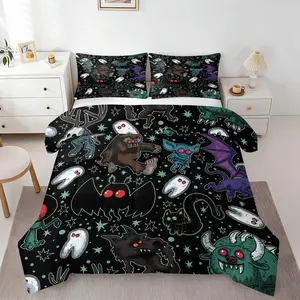 Gothic Creepy Monster Comforter Set, 1 Comforter and 1-2 Pillowcases, Black Background Star Weird Demon Black Cat Bull Creature Print Bed Set, Spooky Horror Themed Home Decor Perfect For Christmas Halloween Gift For Teens