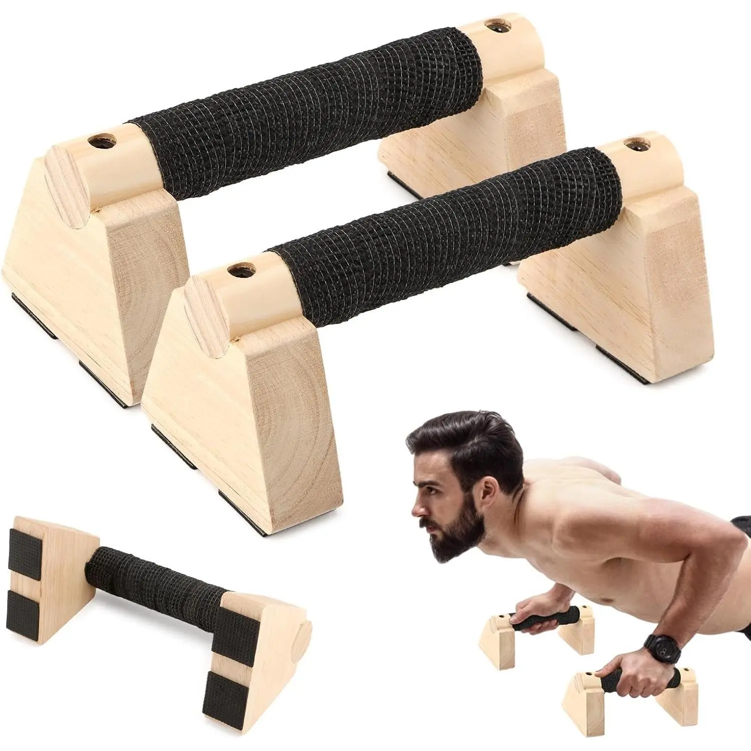 2PCS Wooden Push Up Bars| Non Slip Base Push-up Stands, Solid Wood Parallettes Bars for Handstand, Plank, Calisthenics & Home Gym Strength Training