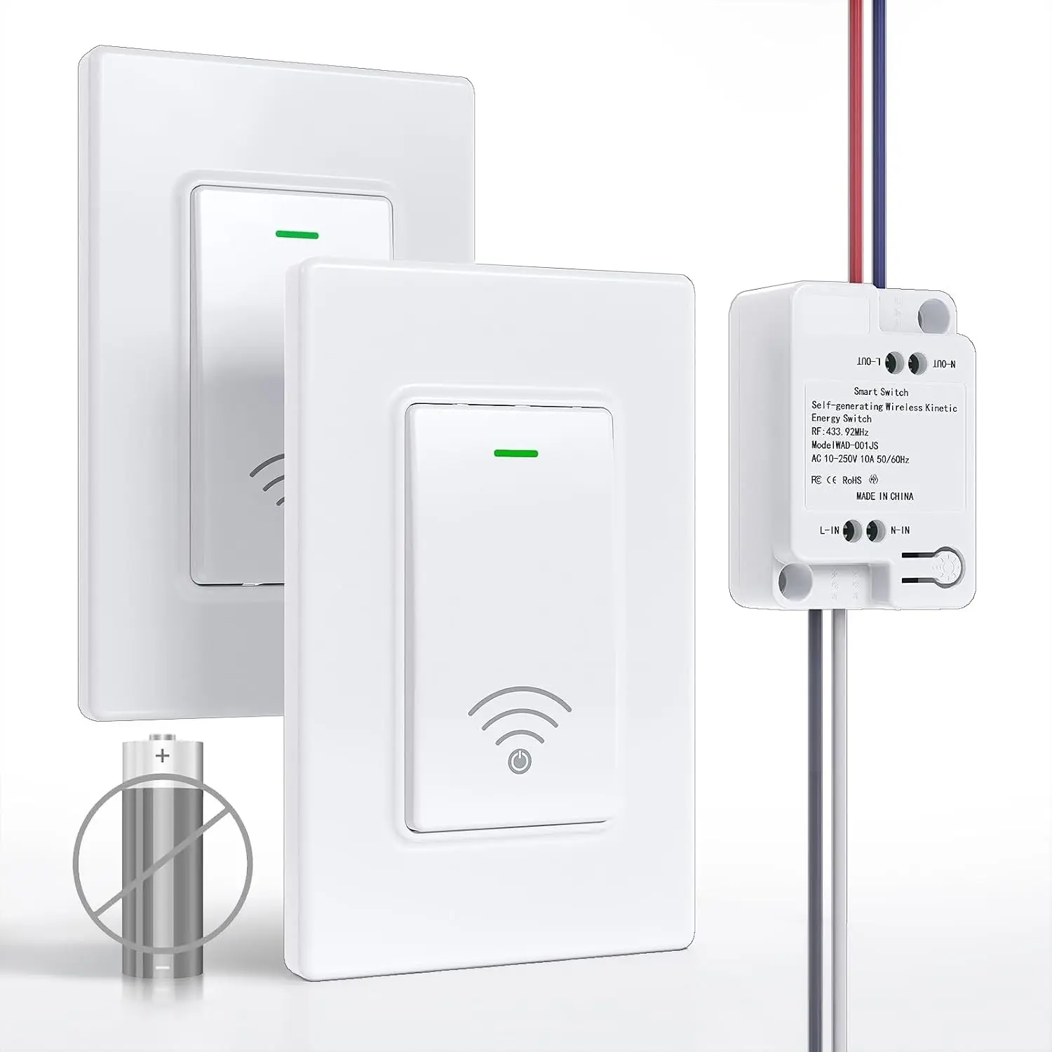 Wireless Remote Light Switch Kit, 2 Switches + 1 Receiver, Battery-Free Wall Switch, No New Wiring, No Wi-Fi, for Stairs, Hallway, Bedroom