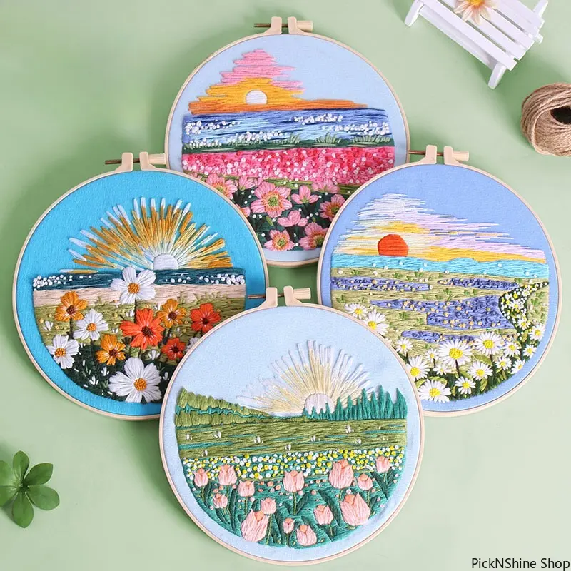 DIY Embroidery Kit for Beginners with Hoop, Scenic Mountain Sunset or Flower Meadow Pattern, Synthetic Hand Stitching Material Pack