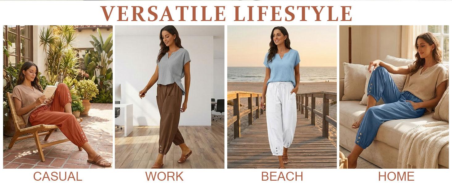 Women's Capri Pants High Waist Drawstring Cinch Bottom with Button Cotton Loose Casual Trouser with Pockets summer outfits Women's Capri Pants High Waist Drawstring Cinch Bottom with Button Cotton Loose Casual Trouser with Pockets summer outfits