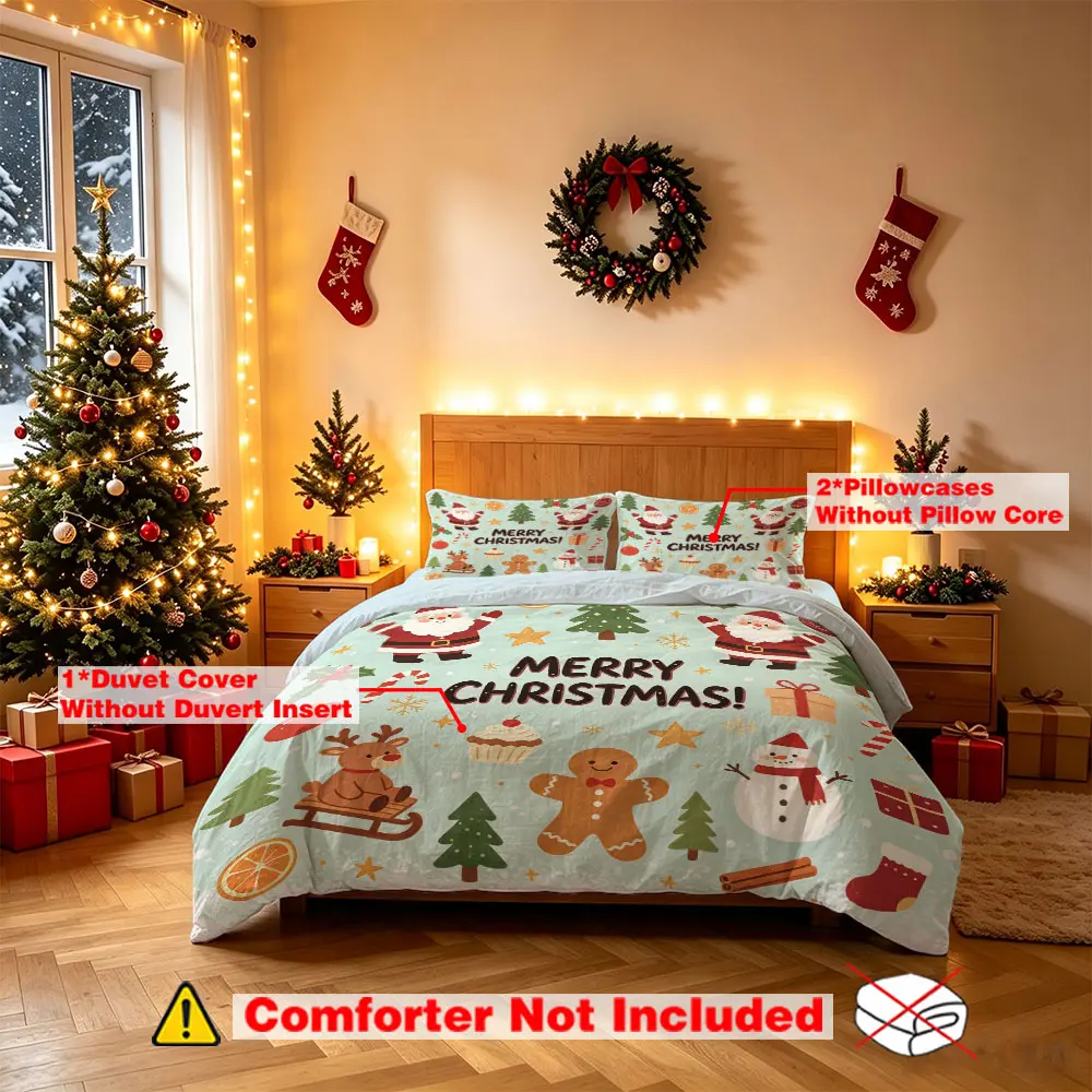3PCS Christmas Bedding Set, Gingerbread Man & Snowman Pattern Duvet Cover + 2 Pillowcases (No Inserts), Holiday Decor for Hotel Bedroom & Dorm