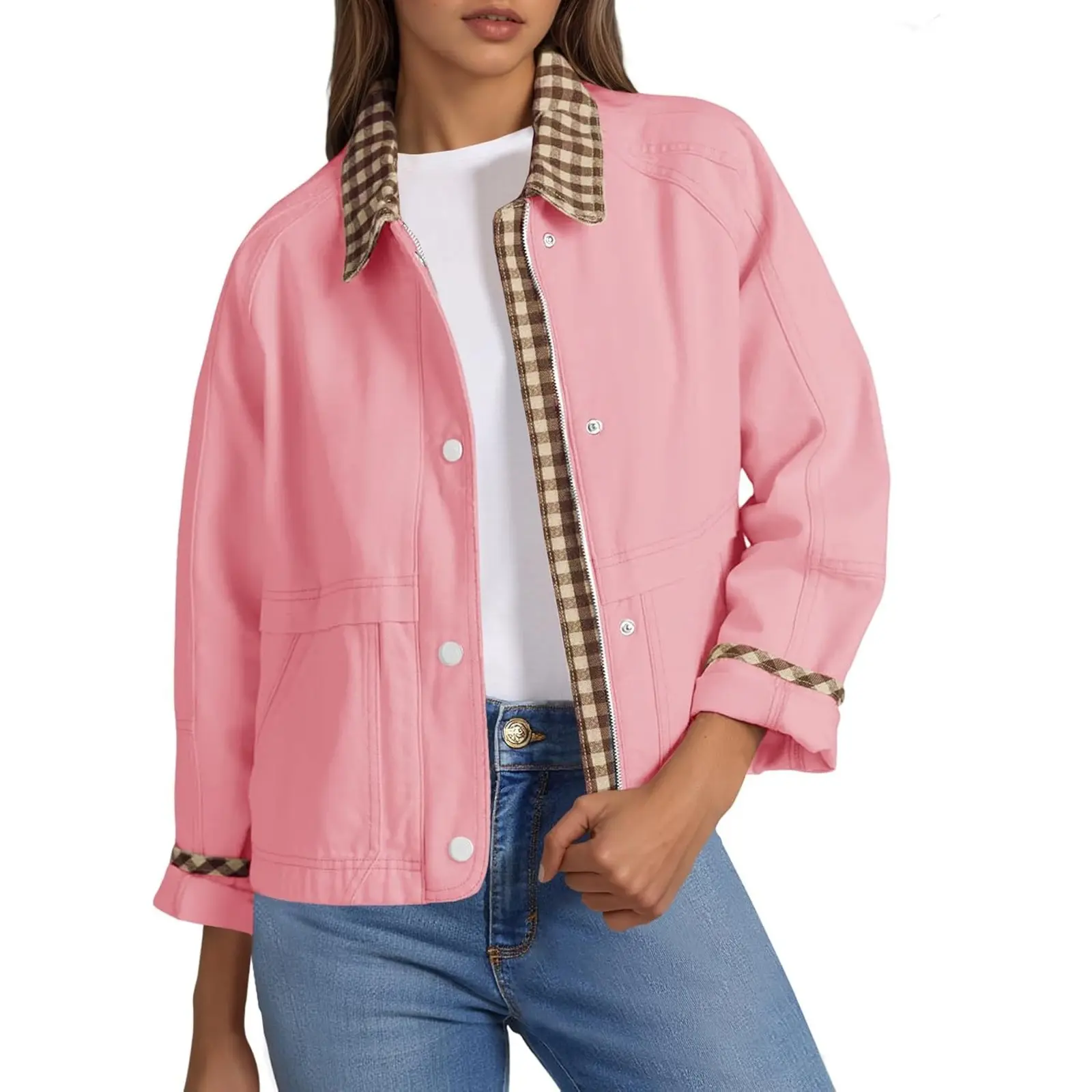 Tankaneo Womens Cropped Barn Jacket Zip Up Lightweight Contrast Plaid Coat | 100% COTTON Cozy Warm Lining, Side Pockets, Fall Outerwear, Casual Daily Outing, Versatile Layering Piece