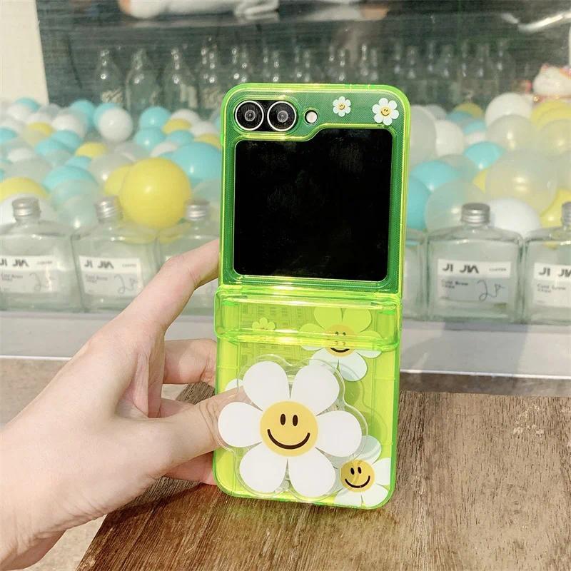 Phone Case For Samsung Galaxy Z Flip 7 FE 6 5 4 3 Fluorescent Green Insert Cards Cute Flower Stand Bracelet Shockproof Cover