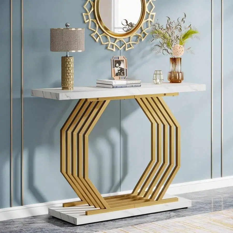Gold Console Table, Faux Entryway Table Narrow Sofa Table With Metal Base, 40 Inch Modern Accent Table Entrance Table Living Room