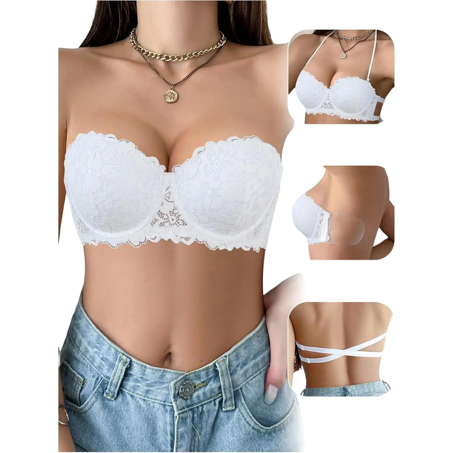 Women's Lace Strapless Bras Backless Push Up Halter Neck Convertible Multiway Bra with Silicone Wings