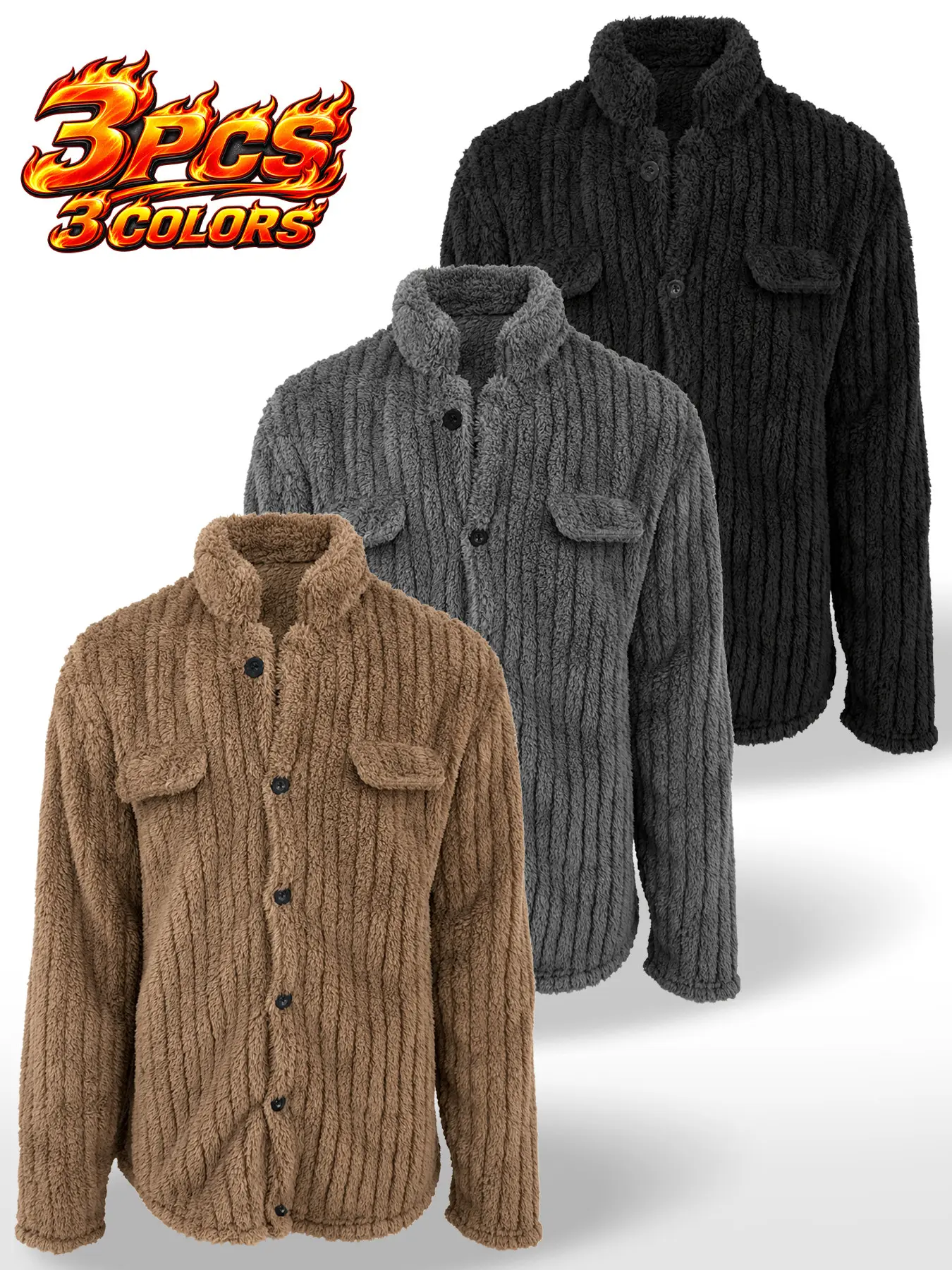 3pcs Men's Teddy Fleece Button-Up Shacket, Solid Color Long Sleeve Shirt Jacket, Casual Fall Winter Outerwear, Loose-Fitting